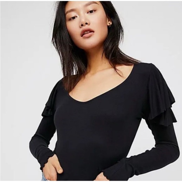 We the Free People On Rewind Ruffle Shoulder Black Long Sleeve Top Extra Small - Picture 6 of 6